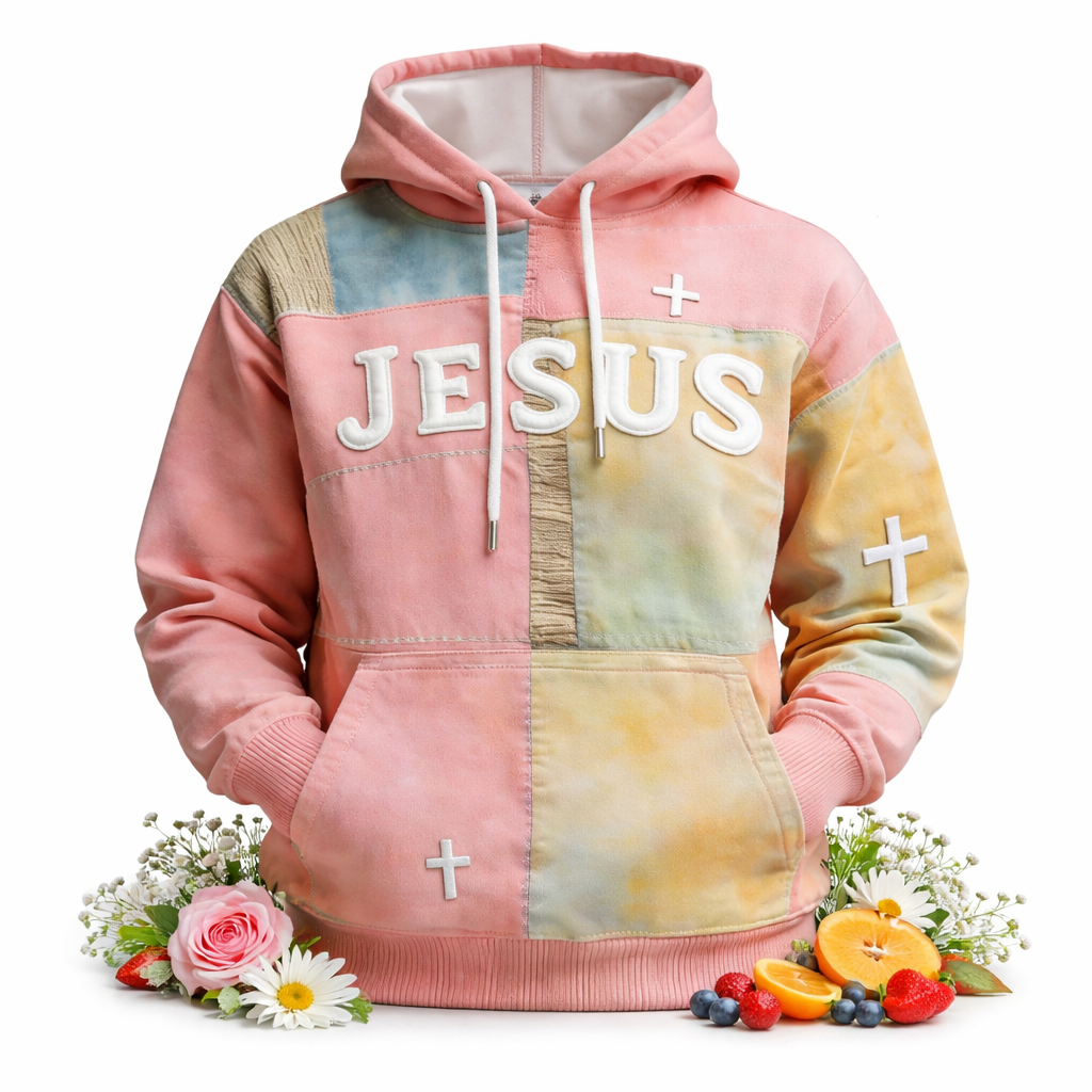Artistic Retro Patchwork Print Hoodie – Jesus Cross Faith Graphic Sweatshirt