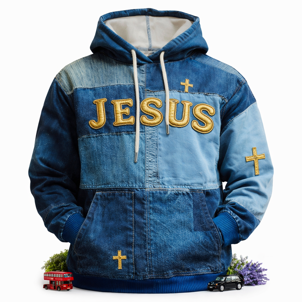 Artistic Retro Patchwork Print Hoodie – Jesus Cross Faith Graphic Sweatshirt