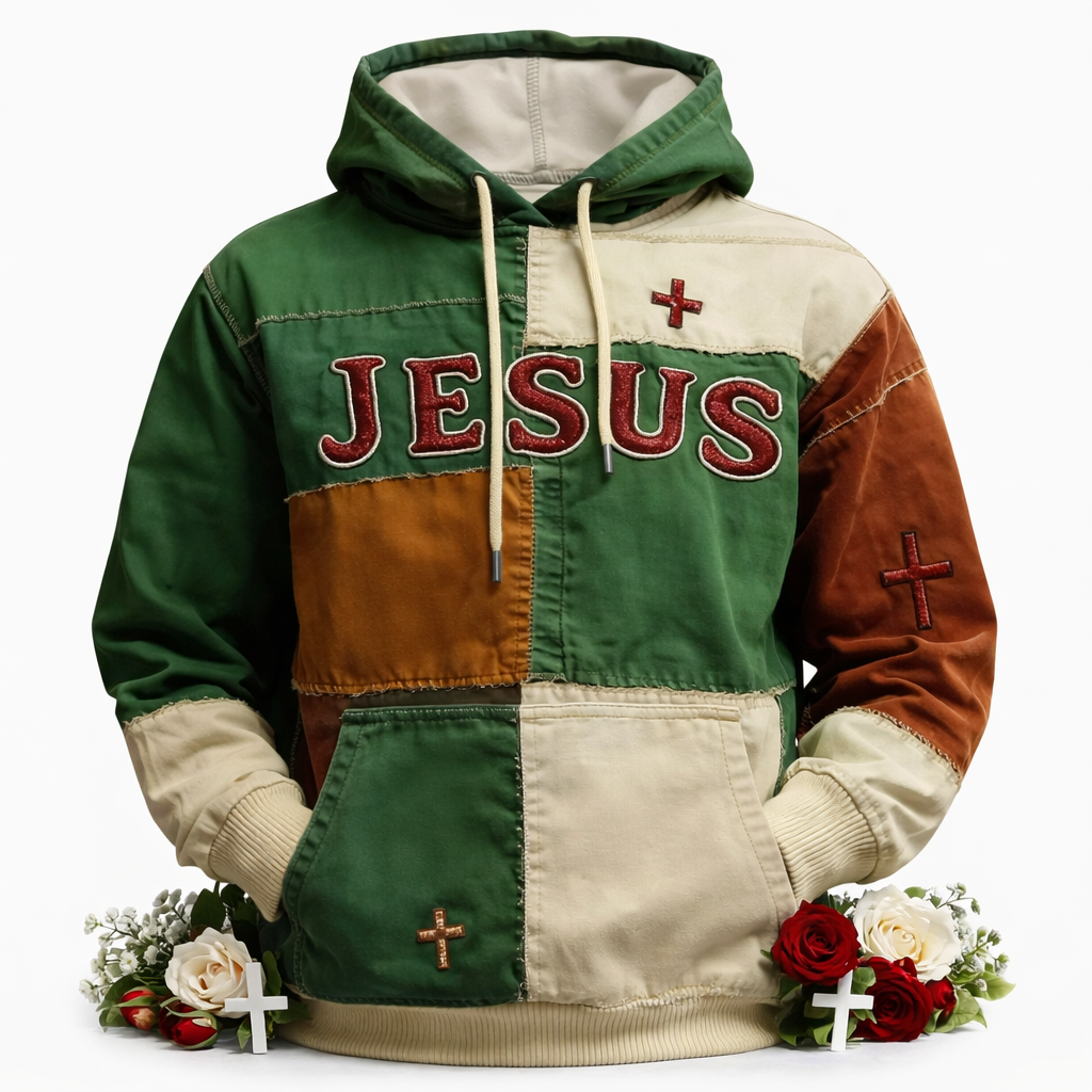 Artistic Retro Patchwork Print Hoodie – Jesus Cross Faith Graphic Sweatshirt