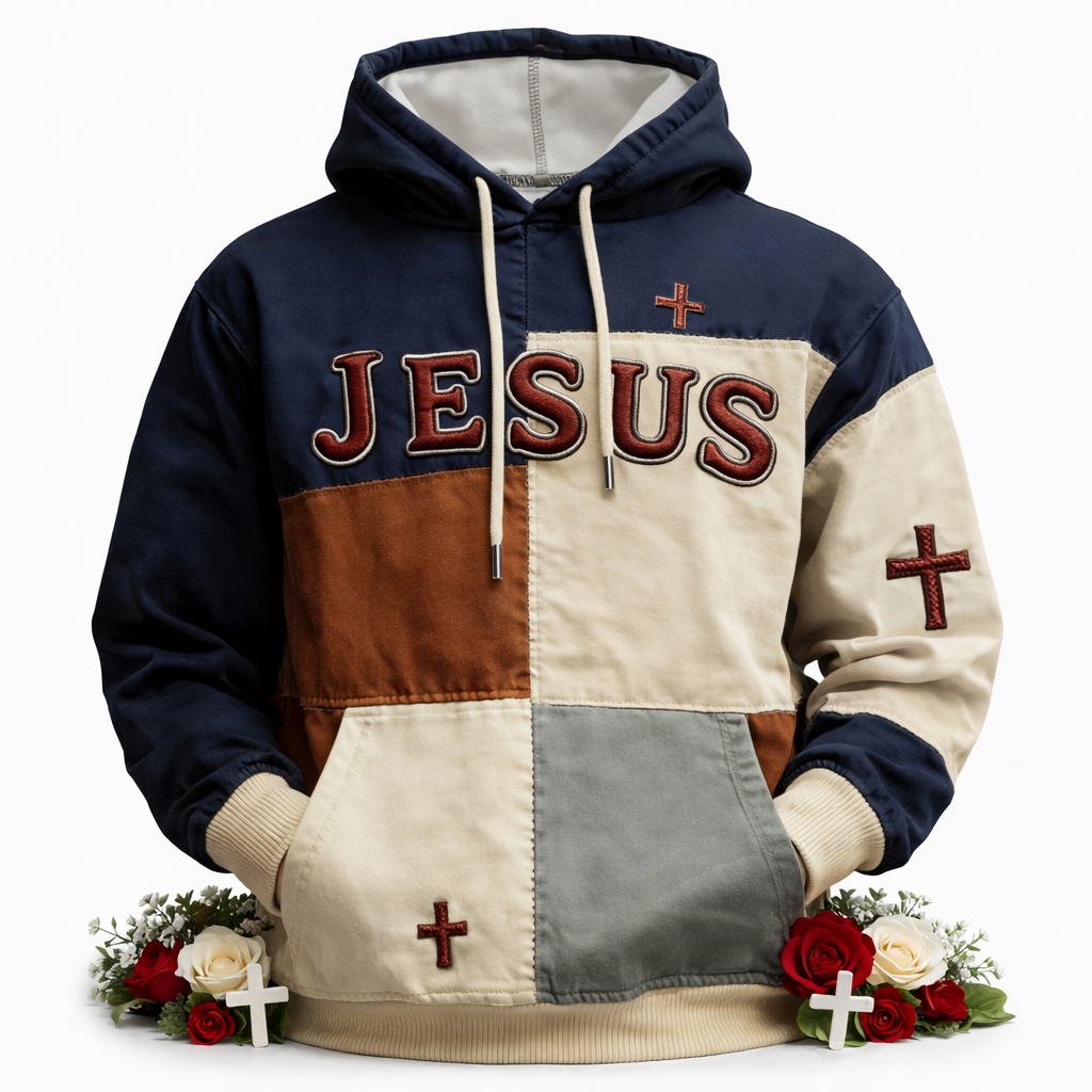 Artistic Retro Patchwork Print Hoodie – Jesus Cross Faith Graphic Sweatshirt