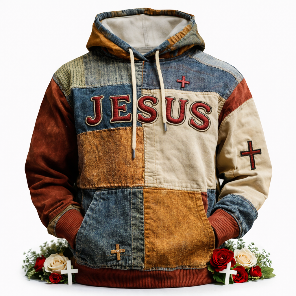 Artistic Retro Patchwork Print Hoodie – Jesus Cross Faith Graphic Sweatshirt