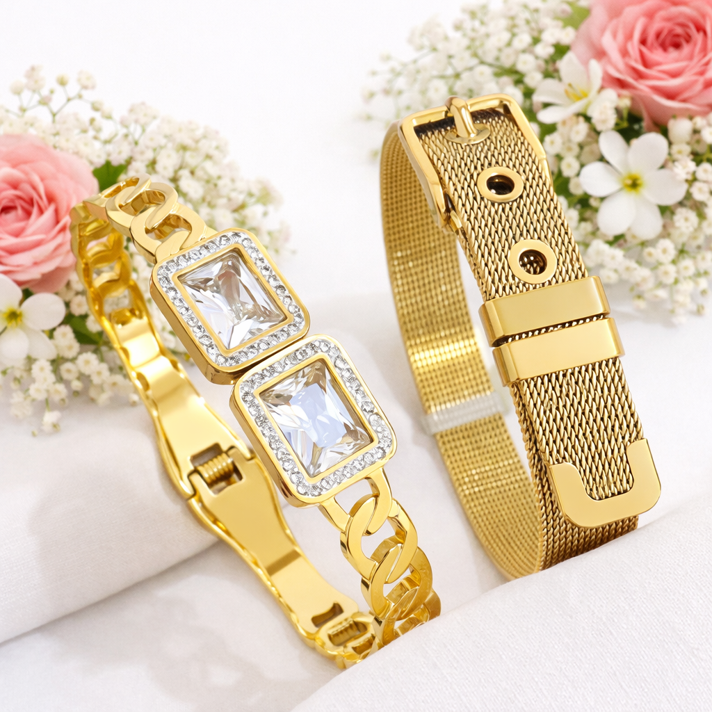 18K Gold Plated Diamond Mesh Bangle Bracelets Set with Zirconia